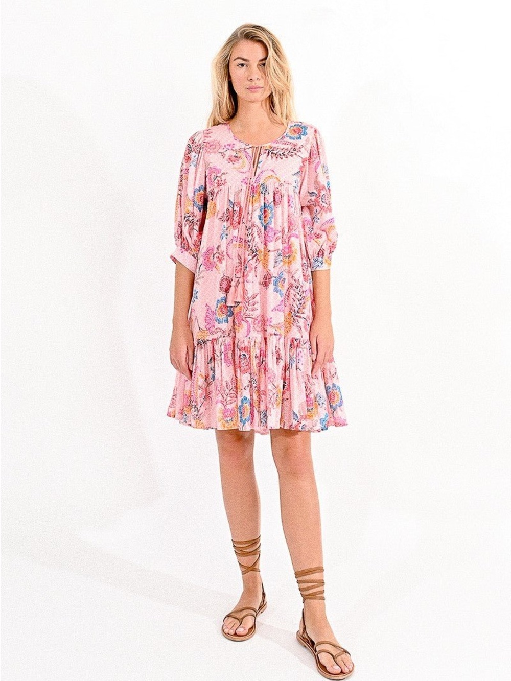 Molly Bracken Pink Floral Tiered Mini Dress